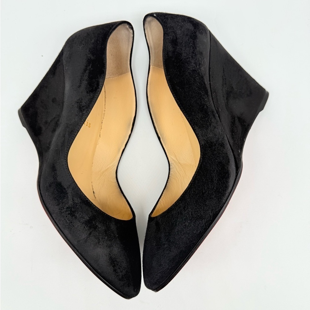 Christian Louboutin Black Suede Leather Tanja scalloped Wedge Pumps EU 38.5 - Picture 3 of 6